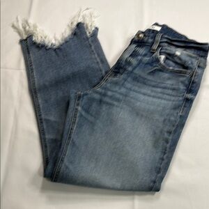 Blue Cropped Ankle Jeans with Distressed Hem